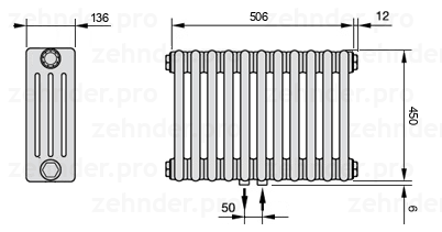 Схема (чертеж) Радиатор Zehnder Charleston 4045/11 №5410 Белый глянцевый RAL 9016